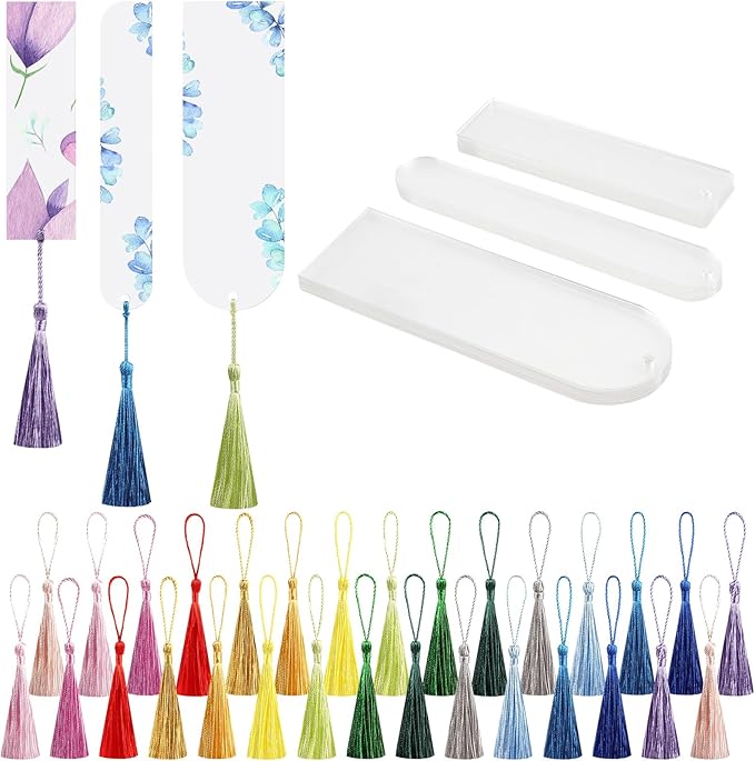 30 Pcs Acrylic Bookmark Blanks Bulk Clear Book Marks Kit with 30 Pcs Colorful Tassels Transparent Reading Book Page Mark Tags Set DIY Crafts Arts Projects Rectangle Oval Semicircle