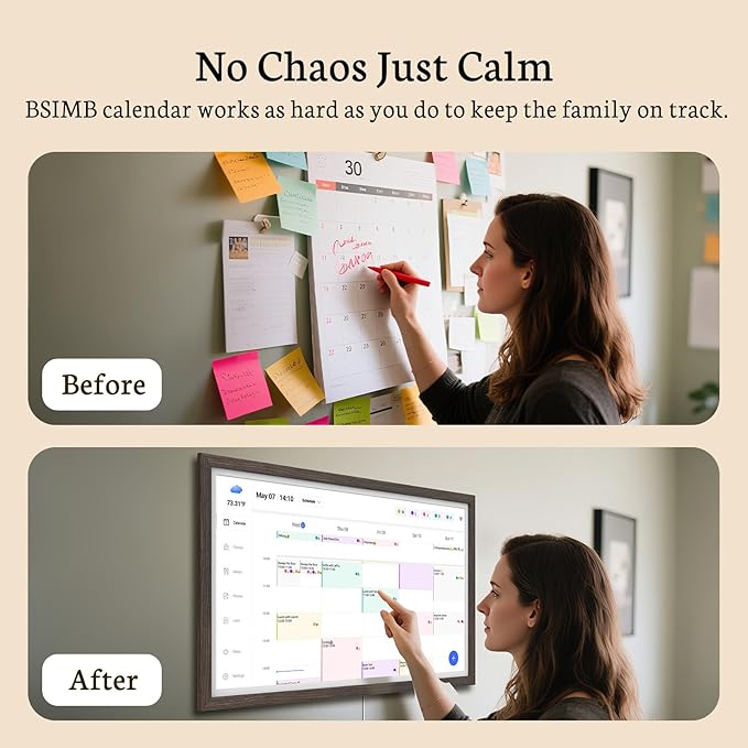 BSIMB 27 Inch Digital Calendar Wall Touch Screen - Chore Chart, Meal Planner, Rewards System, Photo Display, Smart Electronic Calendar Interactive Hearth Display for Family Planner Seamless Scheduling Dark Wood