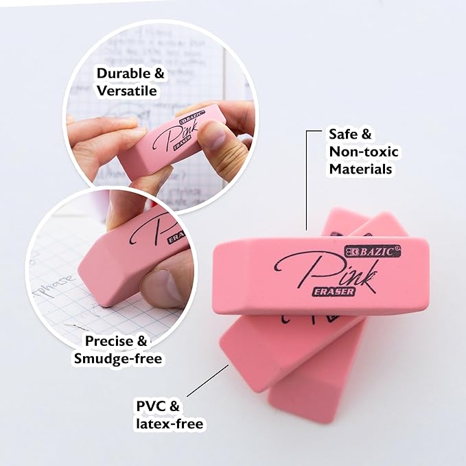 BAZIC Products Pink Eraser, Latex Free Bevel Block Erasers, Large Size for Classroom, Office, and Art Use, Smooth Pencil Correction for Writing, Sketching, & Daily Tasks, 4/Pack, 2-Pack