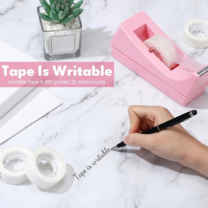Yahenda 10 Pack Pink Desktop Tape Dispenser Non Skid Base with 0.7 x 985 Inches Invisible Tape Refills Bulk Weighted Roll Dispenser for Office Home School
