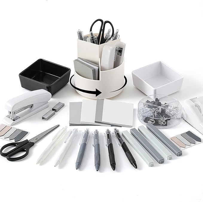 Kosiz 27 Pcs Black White Desk Accessories Gift for Aesthetic Desk Organizer Neutral Office Supplies Pen Holder Stapler Binder Sticky Notes Paper Clips Scissor Staples for Back to School(Classics)