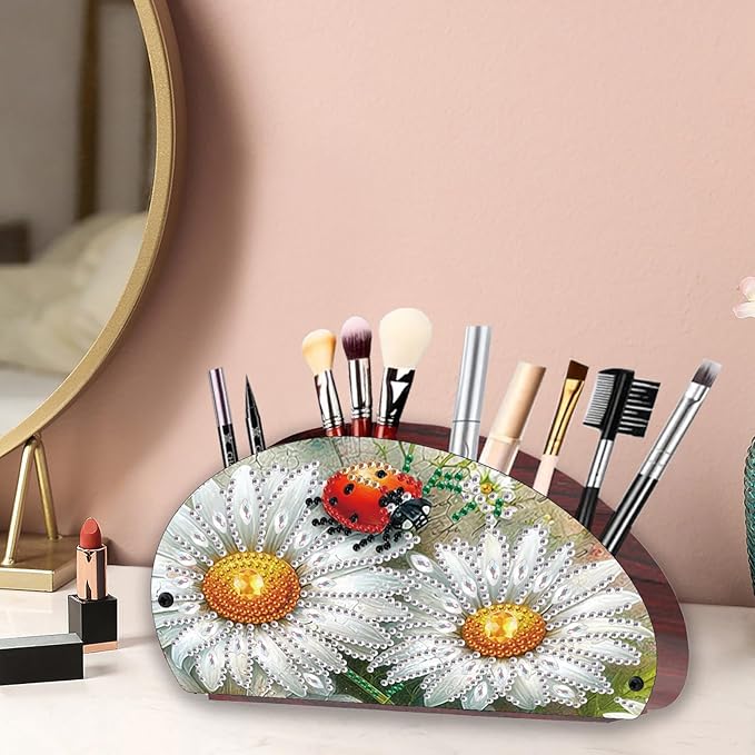 Remote Control Holder with 4 Compartments, DIY Diamond Art Painting Wooden Half Moon TV Control Holder for Remote Controllers, Office Supplies, Makeup Brush, Media Accessories-Daisy