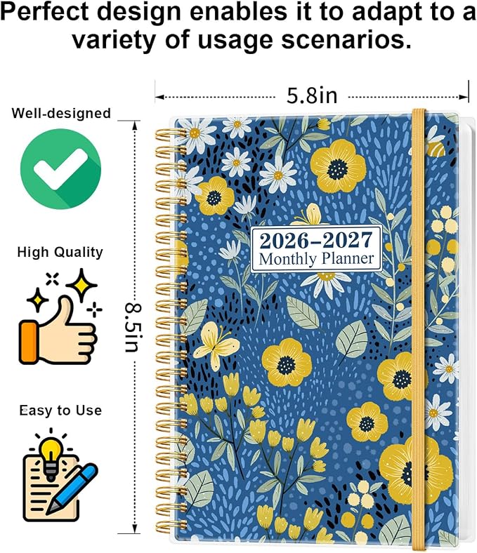 Monthly Planner 2026-2027 – Monthly Calendar from May 2026 to December 2027, 20 Month Planner with Spiral Binding, Inner Pocket, Elastic Closure, 5.8" x 8.5", Flower-C