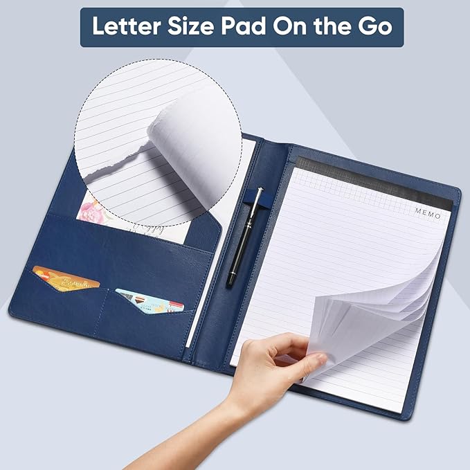 Pacific Mailer Padfolio Portfolio Leather Binder, Interview Legal Document Organizer, Business Card Holder Included Letter Sized Writing Pad [Blue, Piano Noir Faux Leather Matte Finish]