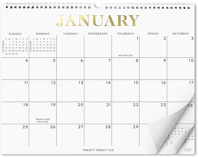 S&O Gold Foil Wall Calendar from January 2026-June 2027 - Tear-Off Monthly Calendar - 18 Month Academic Wall Planner - Hanging Organizer to Track Anniversaries & Appointments - 13.5"x10.5”in