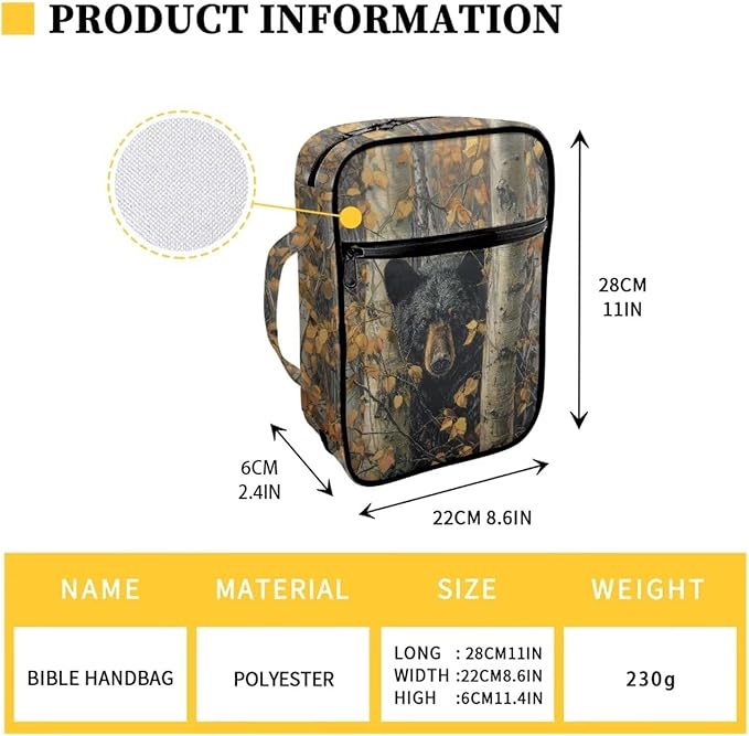 Suobstales Bear Hunting Camo Print Bible Covers for Women Men Lightweight Bible Accessories with Handle and Zippered Pocket Bible Tote Bag for Kids