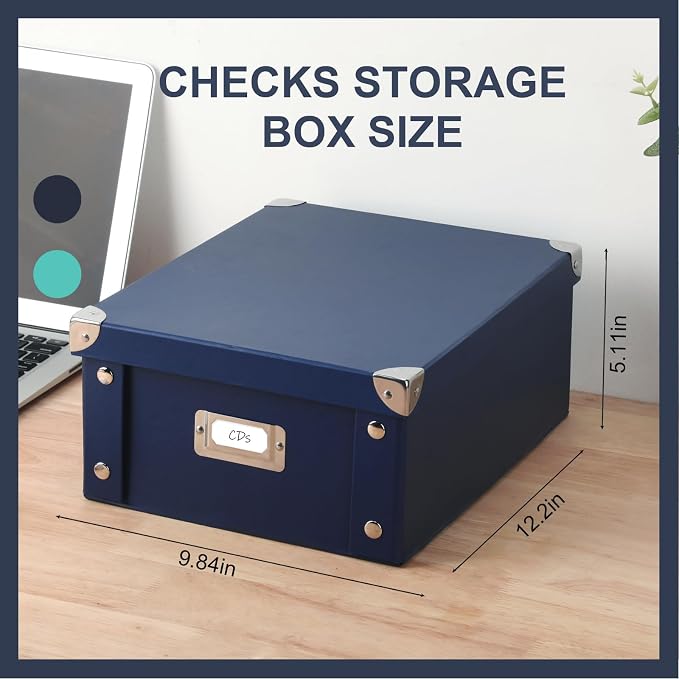 DLUGOPIS 2 Pcs Inch Checks Storage Box with Lid Document Boxes Document Bin Banker Boxes Foldable Receipt Box Storage Navy Blue Cardboard Record Boxes For Business Pesonal Books Files 12"x10"x5"