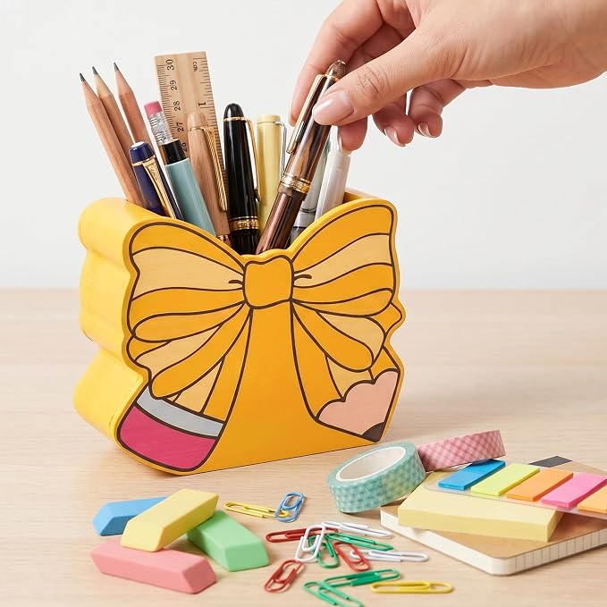 MALLMALL6 Bow Pencil Holder - Back to School Wooden Pen Holder, Cute Ribbon Caddy Case Gift for Kids Students Girls Women, Desktop Dispenser Storage Organizer for Classroom Teacher Office
