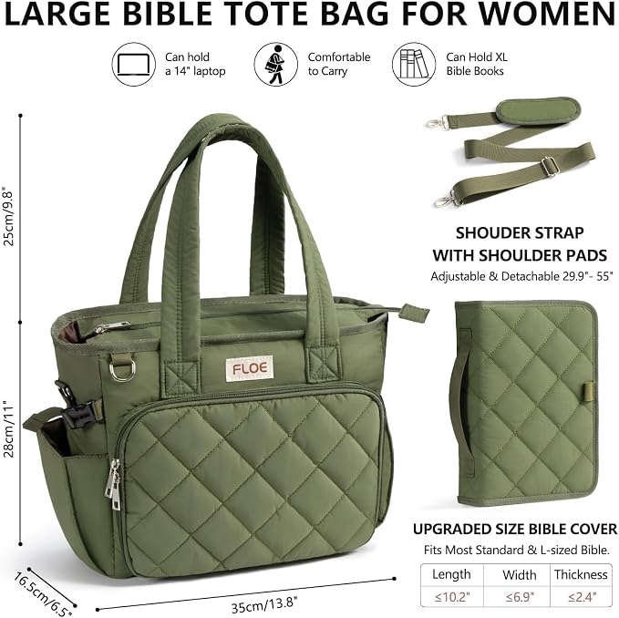 Large Bible Bag w/Bible Cover Case for Women, Puffer Bible Tote Bag Quilted Church Bag Carrying Case w/Shoulder Strap, Bible Study Supplies Journaling Kit Accessories Women Christian Mothers Day Gifts