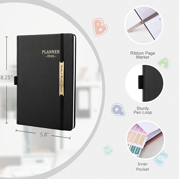 Tiankool Planner 2026, Jan 2026 - Dec 2026 Weekly Monthly Planner with Stickers, Elastic Closure, Inner Pocket, Round Corner, 5.8" x 8.25" - Black