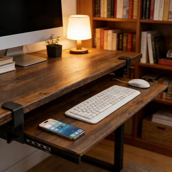 AX WABER Keyboard Tray Under Desk Pull Out with Extra Sturdy C Clamp Mount System, 32.8 (38 inch Including Clamps) x 12 Inch Slide-Out Platform Computer Drawer for Typing Vintage AX01WG202