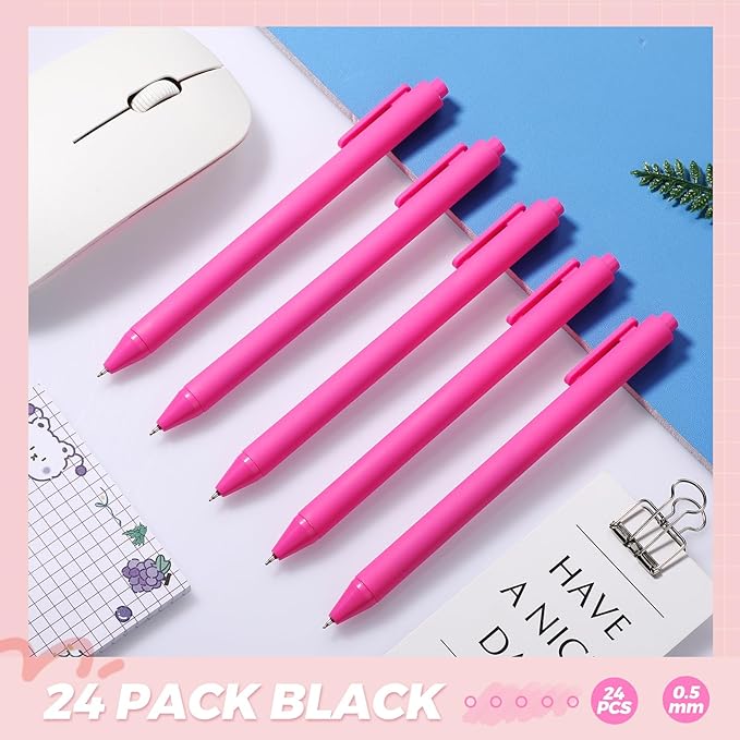 Cholemy 24 Pack Retractable Pens Bulk Pastel Gel Ink Pens 0.5mm Fine Point Tip Black Ink with Grip Smooth Writing for Journaling Note Taking School Supplies(Rose Red)
