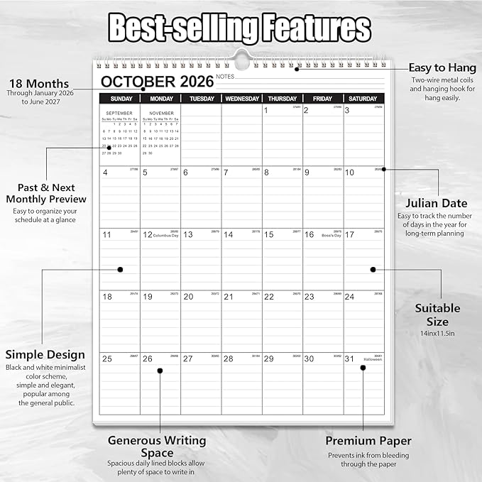 OuMuaMua Wall Calendar 2026, 11.5" X 14" 18-Month Vertical Wall Calendar 2026-2027, Runs From 2026 Jan - 2027 Jun with Thick Paper Spiral Bound For School Home Office Organizing