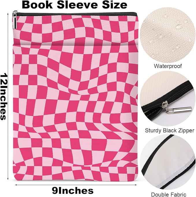 Wave Pink Plaid Book Lovers Gifts Book Sleeve Vintage Checkered Waterproof Book Cover Book Pouch Book Protector with Front Pocket Book Club Christmas Birthday Gifts for Women Girl Book Accessories
