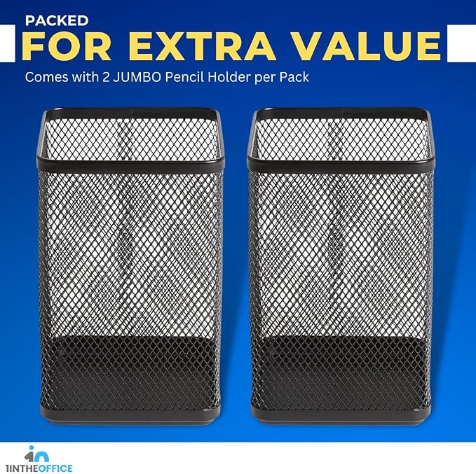1InTheOffice Pencil Cups for Desk, Jumbo Pencil Holder, Stackable Wire Mesh Jumbo Pencil Holder, Matte Black 2 pack