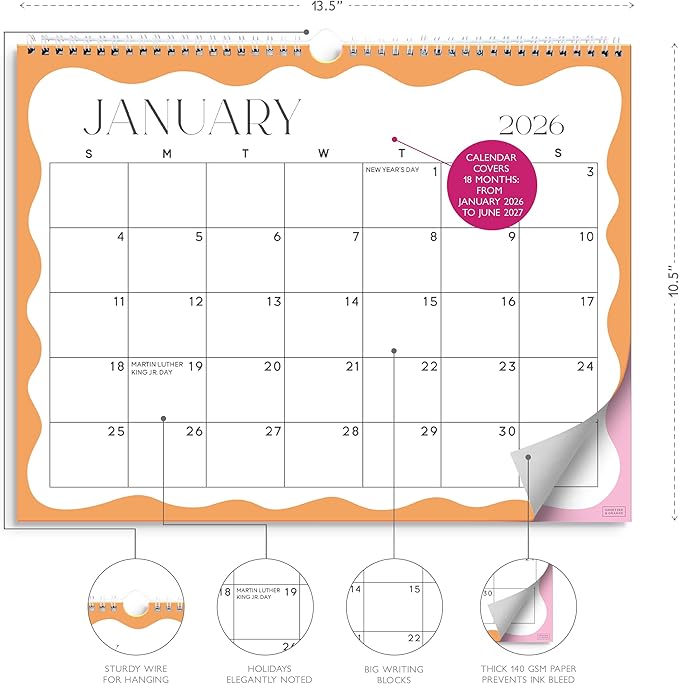 S&O Modern Wavy Wall Calendar from January 2026-June 2027 - Tear-Off Monthly Calendar - 18 Month Academic Wall Planner - Hanging Organizer to Track Anniversaries & Appointments - 13.5"x10.5”in