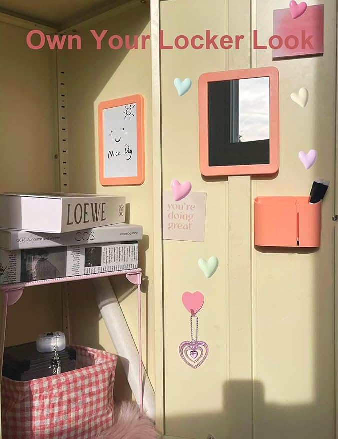 16 PCS Locker Accessories Kit for Girls with Locker Mirror Magnetic Whiteboard Rug Magnets String Lights Sticky Notes Locker Organizer & Decor for School Work, Back to School Essentials-Coral Pink