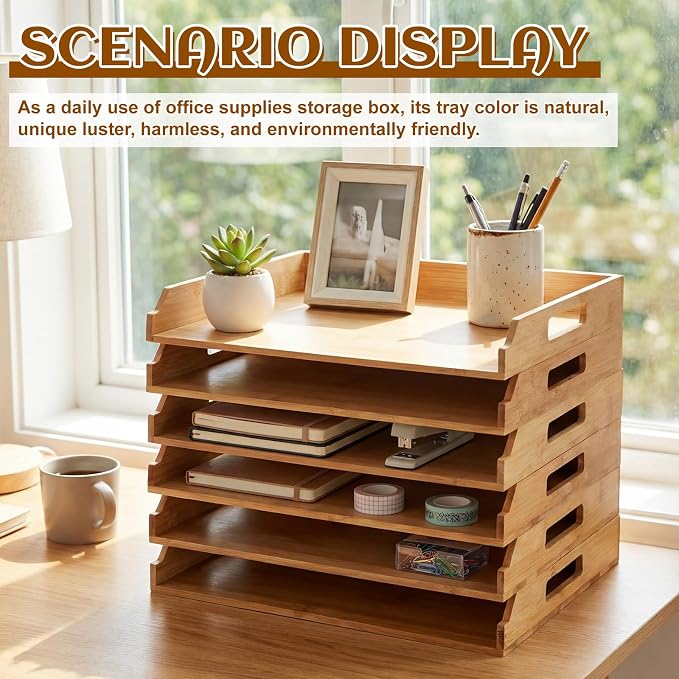 AceOrbit 6 Pcs Stackable Paper Tray Bamboo Wood Desk Organizer Letter Tray 6 Tier Wooden File Organizer Desk Shelf for Documents, Letter Sorter, Envelopes and Magazine Holder