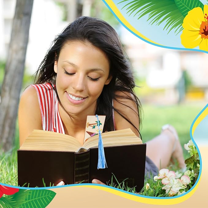 AmazingSpark 100 Pcs Hawaiian Wood Bookmarks Bulk DIY Crafts Kit, 50 Set Summer Blank Coloring Bookmarks with Tassel for Classroom Reward Gifts, End of Year Gifts, Luau Birthday Party Favor