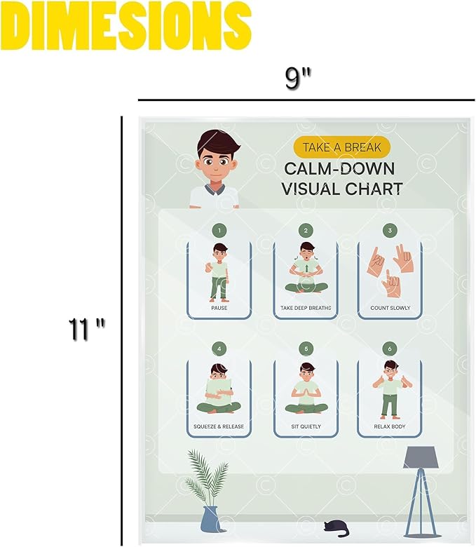 Educational Chart for Kids Step by Step Laminated 9x12 Inch for Children Self Care Visual Chart Ideal for Special Needs and Autism (Calm Down Routine Chart)