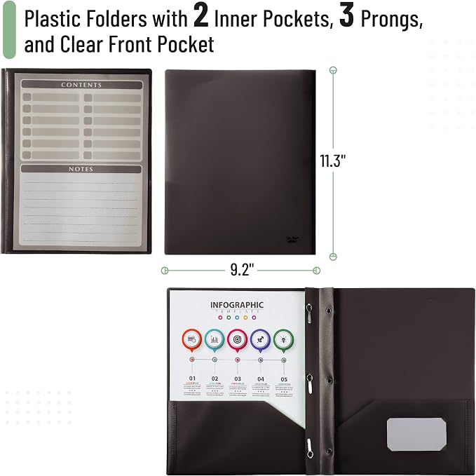 Mr. Pen- Black Plastic Folders with Pockets and Prongs, 24 Pack, Letter Size, Black Flexible Plastic Folders with Prongs, Clear Front Pocket and Card Slot