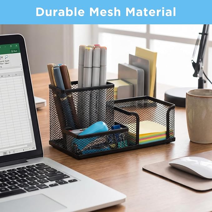 Lemecima 8 Pcs Pen Holder for Desk Mesh Metal Pencil Holders Pen Cup Marker Desk Caddy with Sticky Notes Organizer for Office Supplies Workspace Home, Black