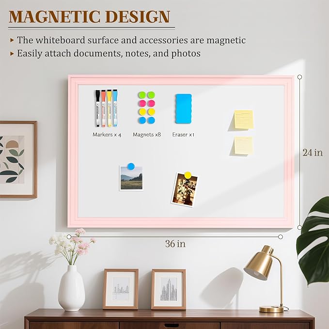 Large White Board for Wall, 36'' x 24'' Magnetic Dry Erase Board, Decorative Whiteboard with Pink Wooden Frame, Hanging Writing Board for Home Office School Dorm