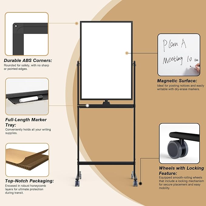 Rolling Whiteboard/w Height Adjustable, Mifuro 24 X 36 Large Portable Dry Erase Board with Stand and Wheels for Office,Classroom &School, Black