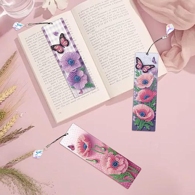 Tontut 3pcs Diamond Art Painting Kit Bookmark, Lotus Flower Exquisite Universal DIY Bookmark, Lightweight and Durable, Suitable for Reading Lovers