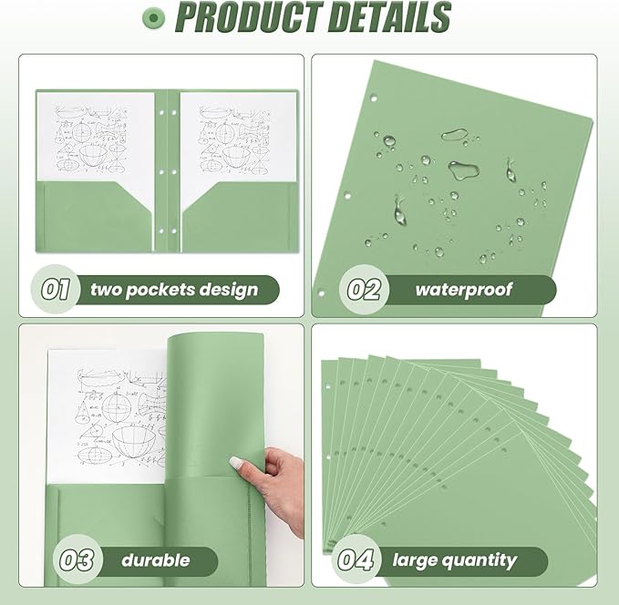 Yeaqee 72 Pcs Plastic Folders with Pockets Bulk 3 Hole Punched 2 Pocket File Folders for 3 Ring Binder Divider Folder for Notebooks, Durable Poly for Office Home (Sage Green)