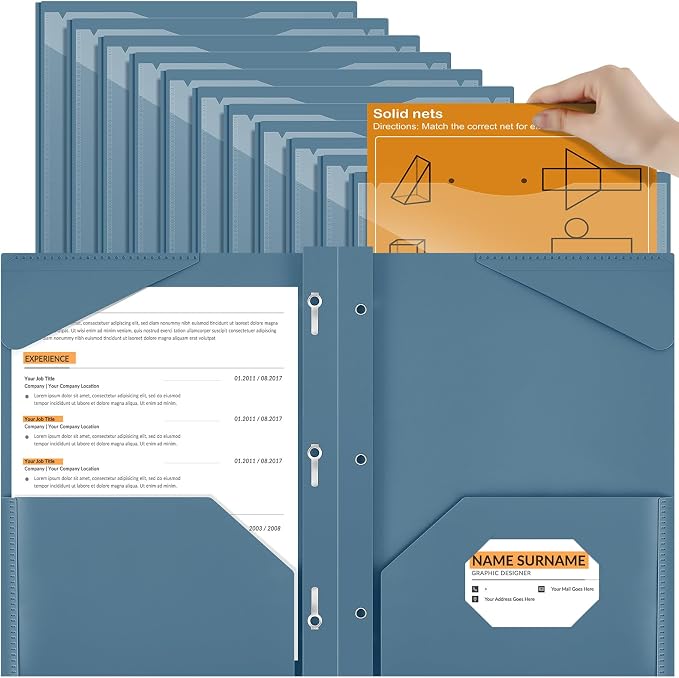 Henoyso 18 Pcs Plastic Folder with Clear Front Pocket and 3 Prong Plastic Folders with Card Slot Pocket Folders with Prongs for School Office (Navy Blue)