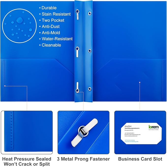 Cholemy 104 Packs Pocket Folders with Prongs Heavy Duty Plastic Folder with Business Card Slot 3 Prong Fasteners for School Office (Stylish)