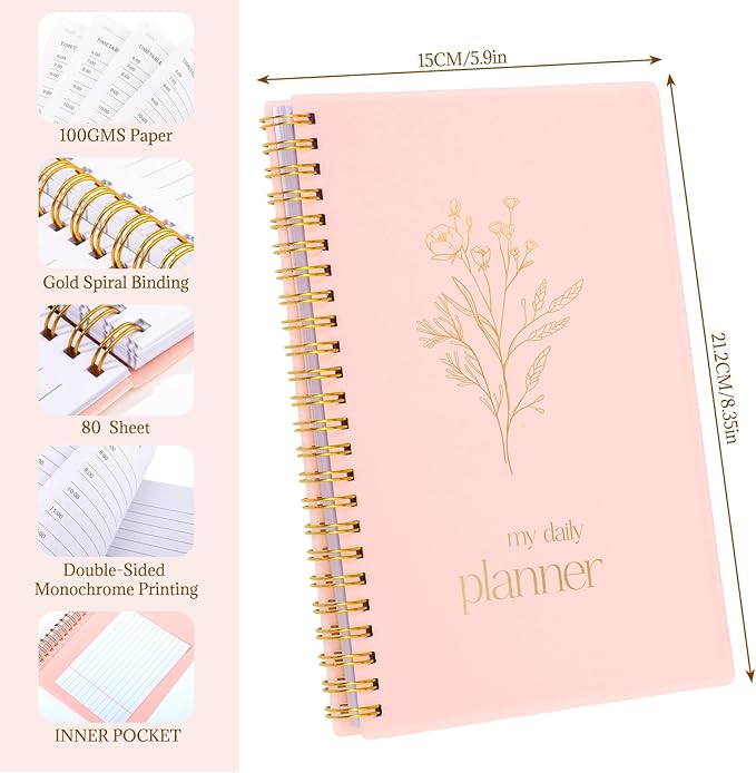 Thboxes Undated Daily Planner with Hourly Schedule, 5.71" X 8.35" Daily To DO List Noteboook Set Goals A5 Daily Personal Organizer Notepad for School Work Office Improve Efficiency Planner, Pink