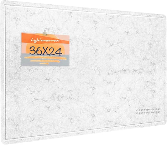 Lightomorrow Bulletin Board, 36 x 24 inches Felt Board - Decorative Pin Board, Cork Board Alternative for Wall, 3' x 2' Foldable Self-Adhesive Vision Board with 20 Pushpins - Marble White