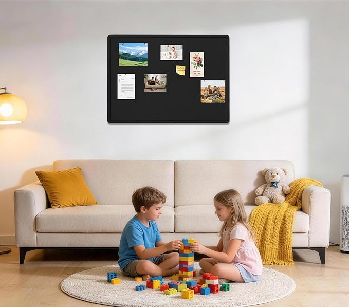 Bulletin Board, 36 X 24 inches Cork Board with 20 Pushpin, Felt Cork Board Notice Pin Board, Self-Adhesive Vision Board Mood Board Foldable Photo Board for Wall - Black