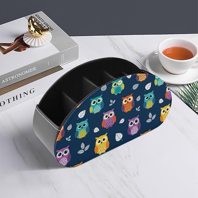 Desk Organizer and Remote Holder, 5-Compartment PU Leather Storage Box for TV Controllers, Office, and Home Supplies, Cute Owl
