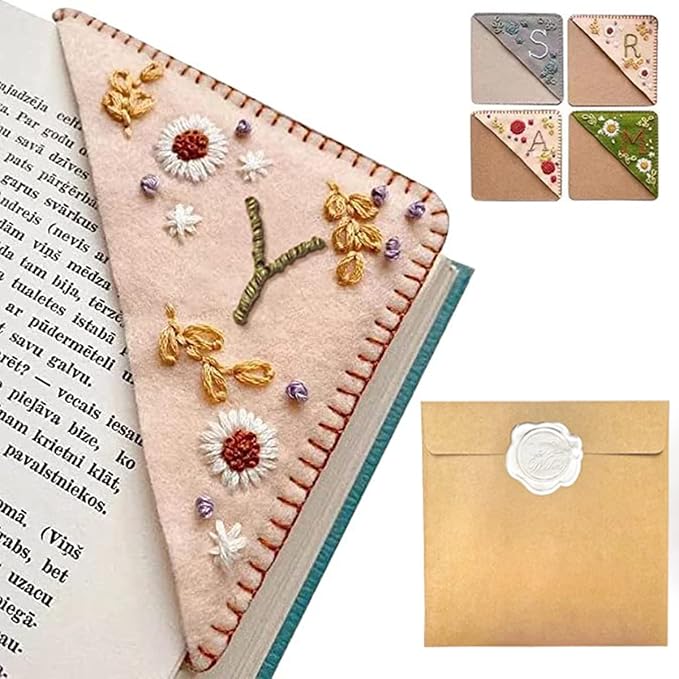 Personalized Hand Embroidered Corner Bookmark, 26 Letters Hand Stitched Felt Corner Letter Bookmark, Cute Flower Embroidery Bookmarks for Book Reading Lovers Meaningful Gift（Spring，Y