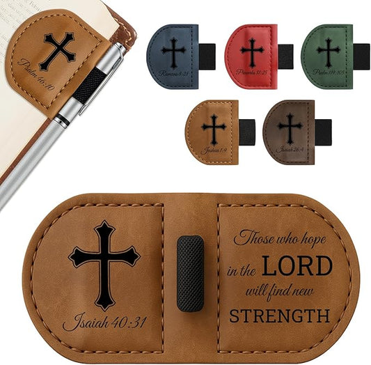 Bygone Mark Personalized Magnetic Leather Bookmark with Pen Holder - Inspirational Bible Verse Scripture Design, Custom Book Marker for Book Lovers Men Women (Brown-Isaiah 40:31)