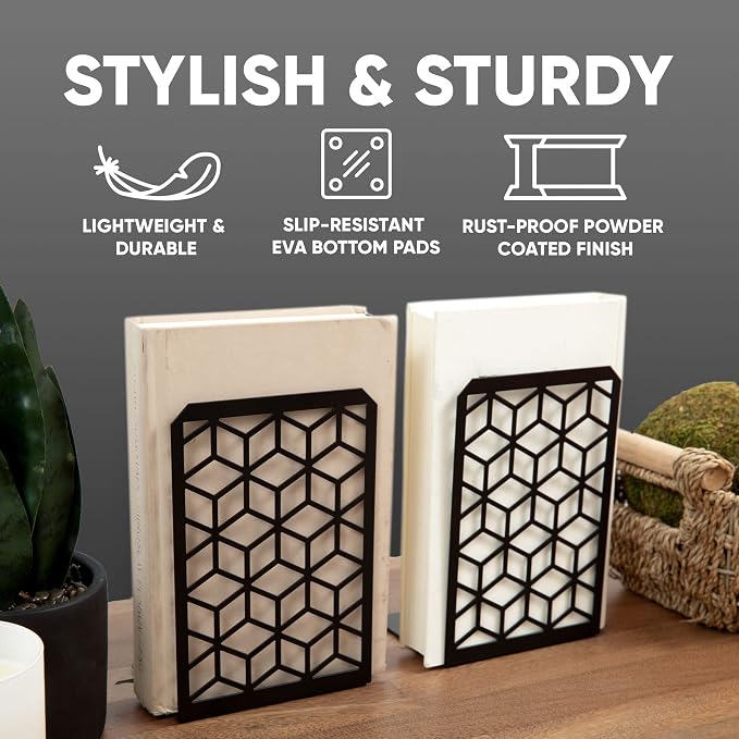Geomod 3D Cube Black Metal Bookends Decorative for Heavy Books - Sturdy Boho Book Stops - Minimal Book Shelf Stopper - Durable Office Bookends - Weighted Metal Book Holders - 7x4.75 Inches - 1 Pair