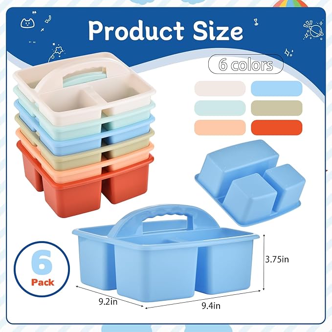 Plastic Storage Caddy Organizers, 6 Pcs Portable Teacher Classroom Supply Caddies with Handle, 3-Compartment Utility Craft Art Caddy for Kids, School Classroom and Office Organization, Boho Colors