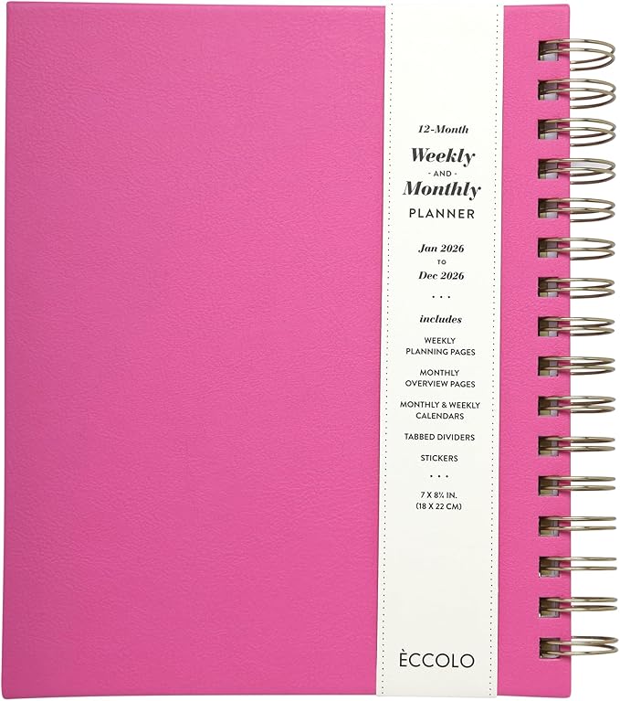 WORLD TRAVELER 2026 Planner Weekly and Monthly - 7'' x 8.75'' Hard Cover January December Spiral Daily Planner 2026 To Do List, Size 7X8.75, Pink Happiness