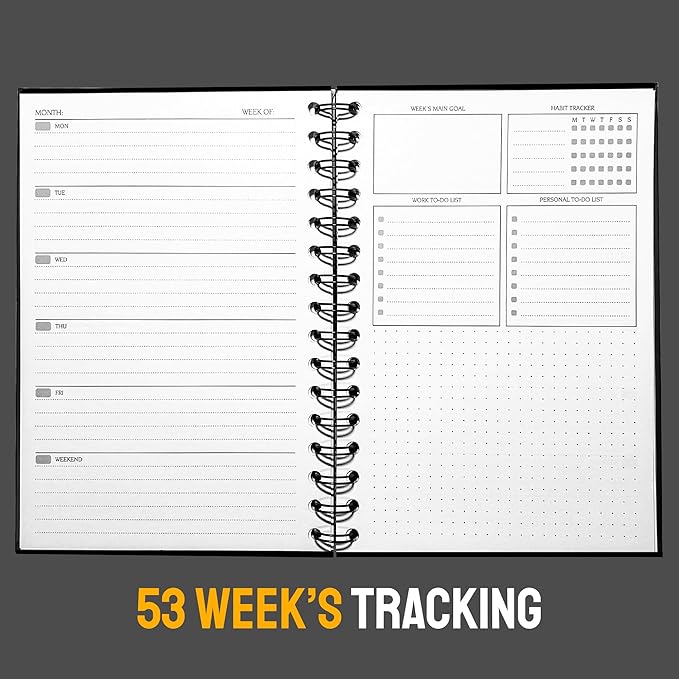 Undated Weekly Planner Notebook 2026, A5 (5.8" x 8.3") Hardcover Weekly to do List Notebook for Work with Goal & Habit Tracker - Spiral Black