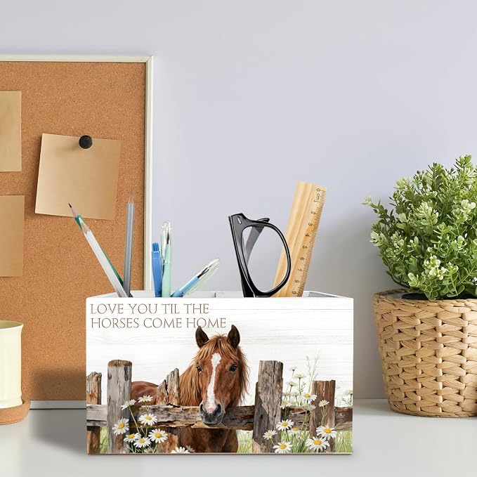 Farmhouse Daisy Horse Pen Holder for Desk, Horse Lover Gifts Pencil Organizer, Love You Til the Horses Come Home Wooden Box Sign Desk Decor for Kids Girls Room Nursery Decoration