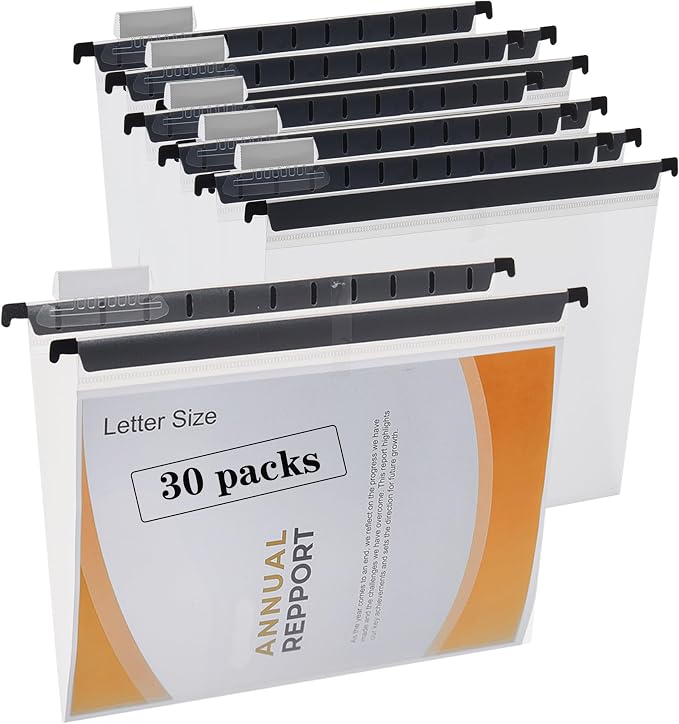 30 Piece Transparent Hanging Folder, Letter Size, with 1/5 Cut Adjustable Label, polyethylene Hanging File Folder 9.5x11 inch, Suitable for Office, Home, School