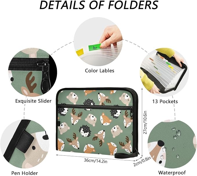 Cute Woodland Animal Heads File Folders,Plastic Folders with 13 Pockets,Expandable File Folder for Documents School Students Office,Aesthetic Folder with Labels A4 Letter Size