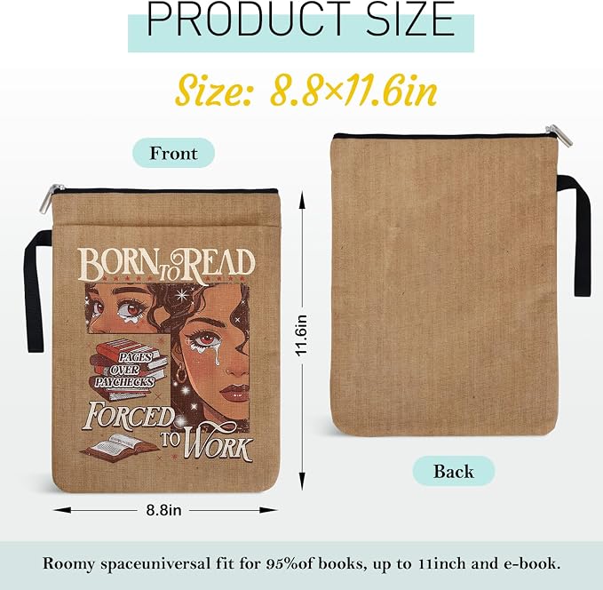 Born to Read Forced to Work Book Sleeve Pouch for Book Lovers Librarian, Black Girl Decor Gifts for Teacher Daughter Women, Bookish Group Club Book Cover Gifts 9x12 Inch