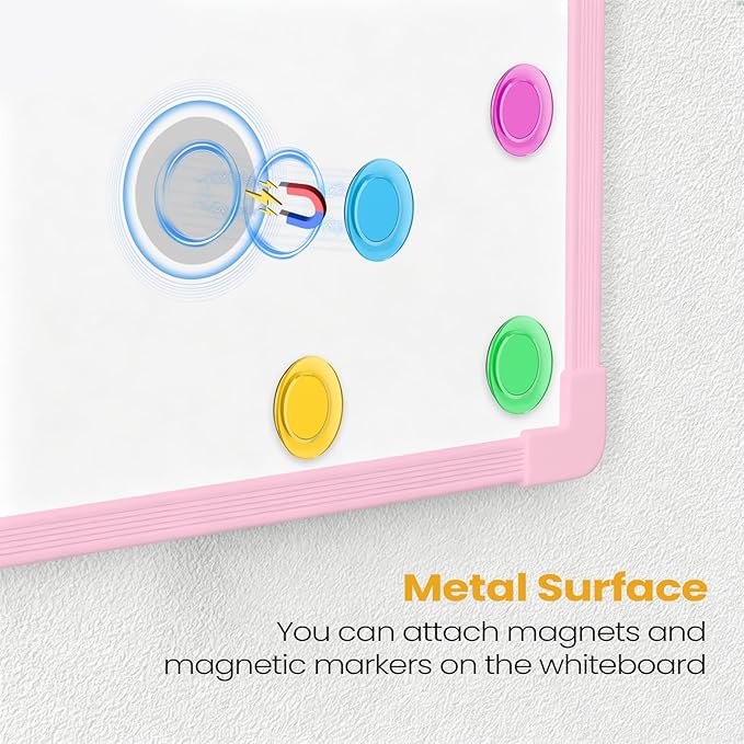 Pink Frame Small Dry Erase Board for Wall, 16" x 12" Double-Sided Hanging Whiteboard with 4 Markers, 4 Magnets and 3 Mini Sticky Notes, Portable Whiteboard for Home, Office, School