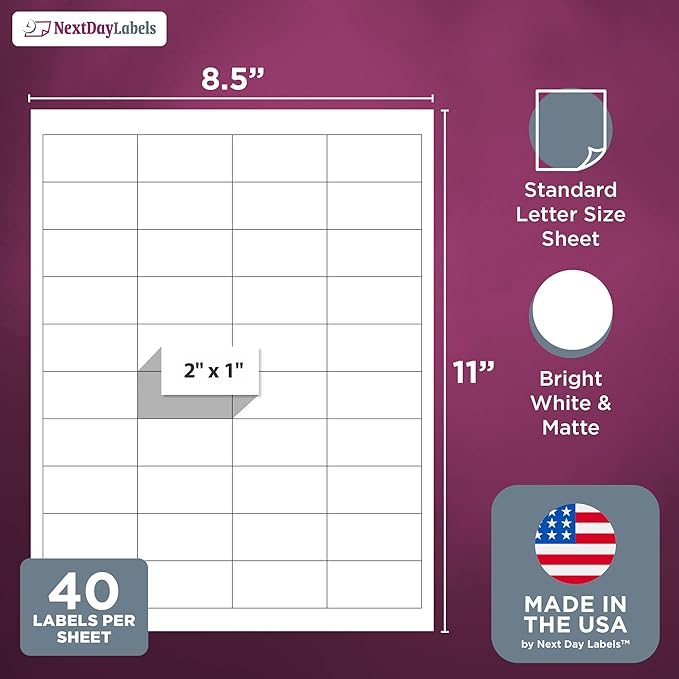 NextDayLabels 2x1 Inch Rectangle Stickers White Blank Labels for Laser Inkjet Printer - 40 Per Sheet Self-Adhesive Address Mailing Name Tags Made in USA - 40,000 Labels