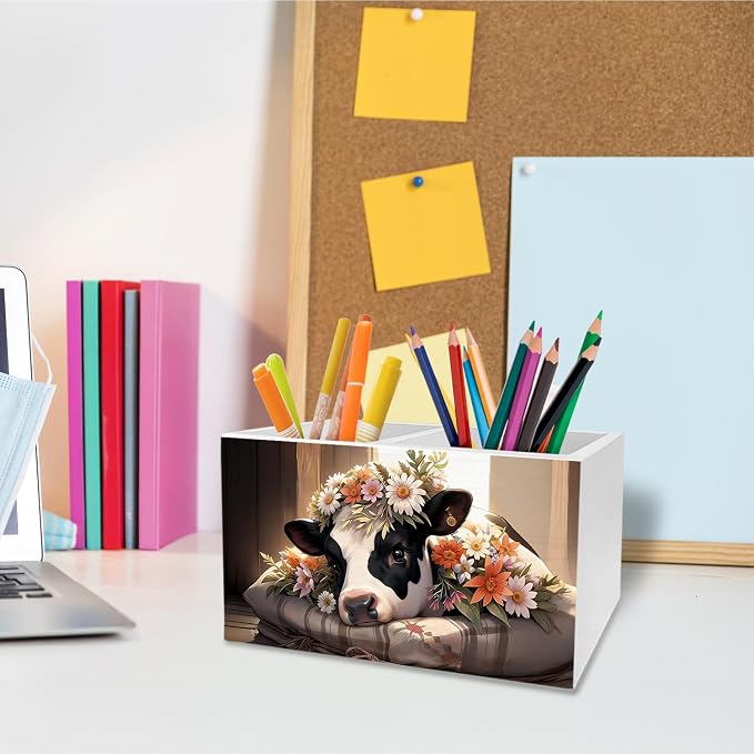 Cottagecore Floral Cow Pen Holder for Desk, Cow Lovers Gifts for Women Pencil Organizer, Farmhouse Animal Wooden Box Sign Desk Decor for Farmhouse Home Office Decoration