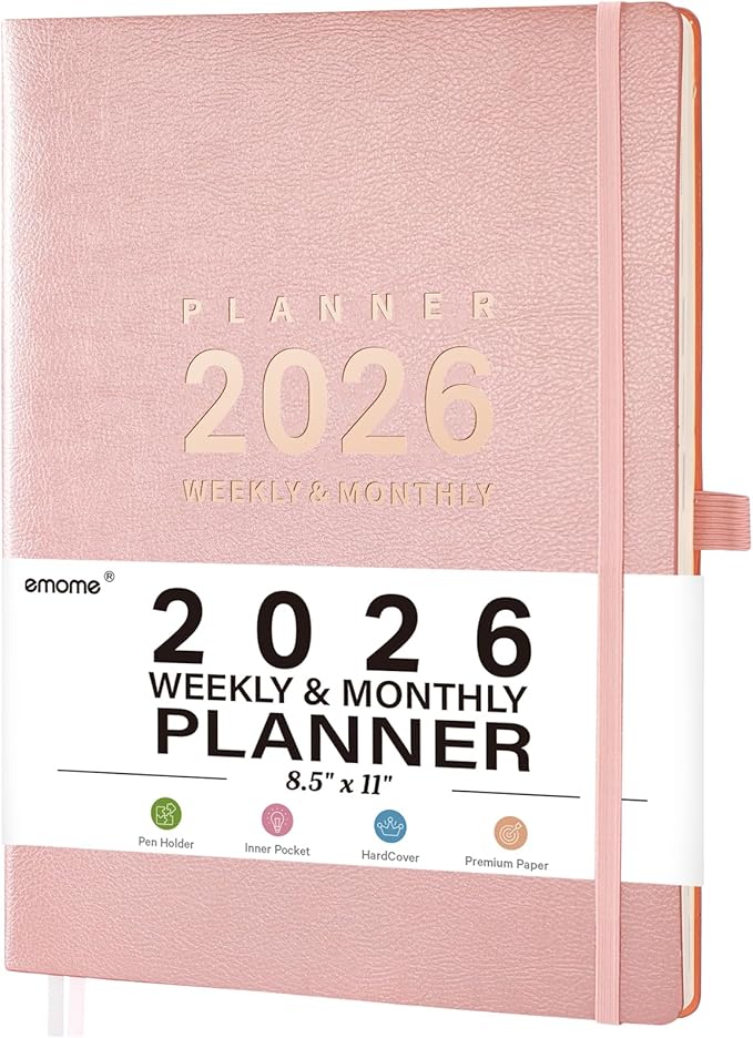 2026 Planner - Jan 2026 - Dec 2026, 8.5" x 11" 2026 Planner Weekly and Monthly, Pen Holder, Pocket, 25 Notes Pages, Faux Leather Cover, A4 Premium Paper - Pink